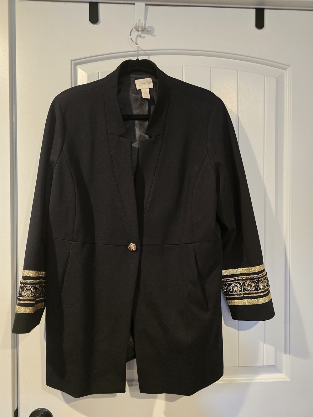 Chico's Black Embroidered Sleeve Open-Front Blazer SZ 3 Petite XLP - Picture 3 of 9